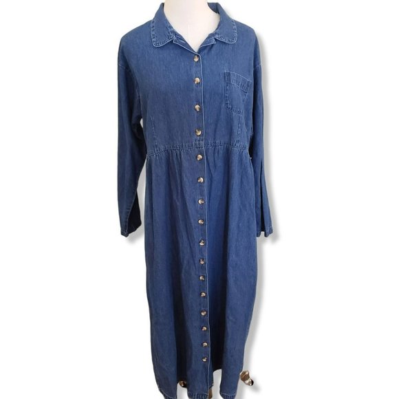 Mountain Lake Dresses & Skirts - 𝅺Vtg Mountain Lake Maxi Denim Dress Button Down Long Sleeve sz Large